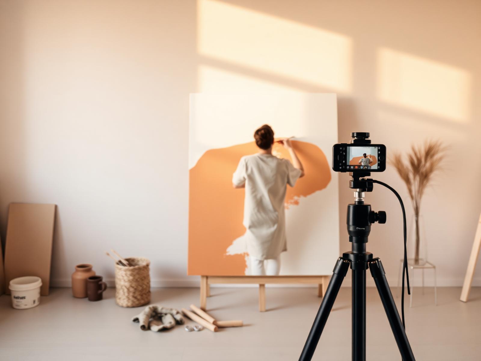 Artist painting in a sunlit studio while streaming